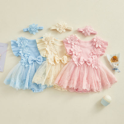 Baby Girls' Floral Romper & Headband Set | Ruffle Details & Mesh Skirt | Birthdays, Portraits & Celebrations