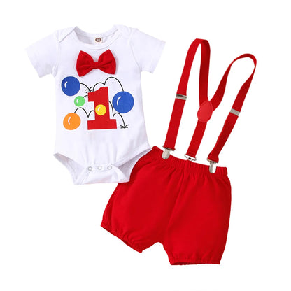MiniFox Baby Boys Birthday Outfit For One Years Number"1“ Bodysuit and Y-back Suspender Shorts 1 Year Birthday Cake Smash Sets