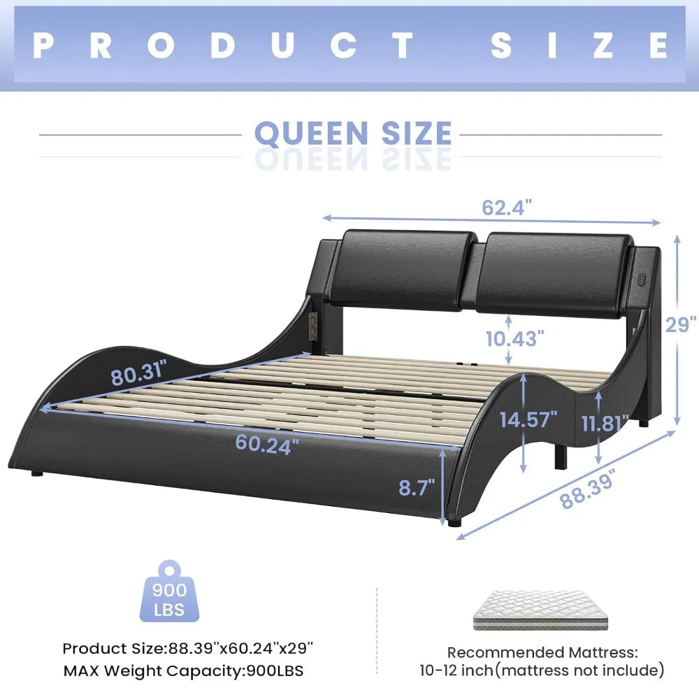 Modern Upholstered Queen Platform Bed Frame,Headboard with LED Lights & Charging Ports,Bedroom Furniture,Faux Leather, Custom