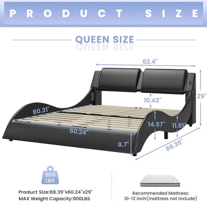 Modern Upholstered Queen Platform Bed Frame,Headboard with LED Lights & Charging Ports,Bedroom Furniture,Faux Leather, Custom