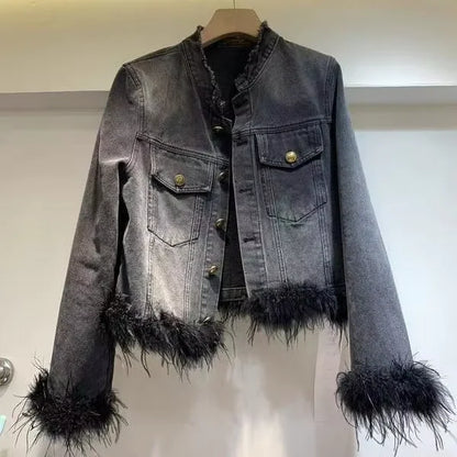 New Classical Metal Ribs Buckle Design Washed Breathable Vintage Short Denim Jacket for Ladies Autumn Winter Summer Nylon/Cotton