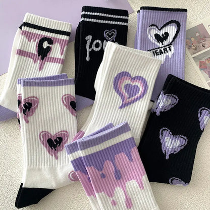 Kawaii Love Print Socks Purple Women Socks Female High Beauty In Spring Summer Fried Street Middle Tube Socks Harajuku Medias