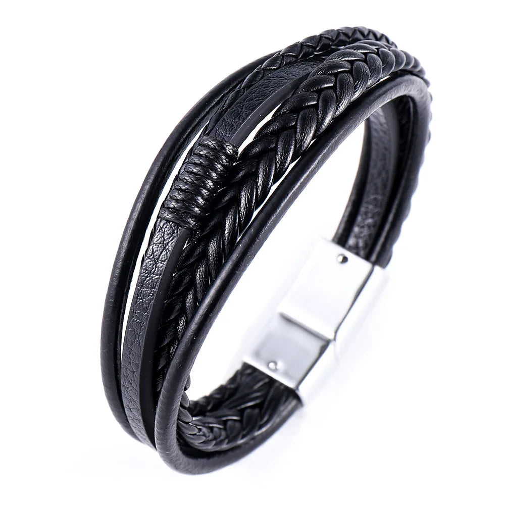 Multi Layer Braided Rope Bracelets for Men,Classic Handmade PU Leather Wristband with Magnetic Buckle,Trendy Punk Jewelry Gift