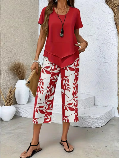 Lady Summer Casual Cropped Pants Two-piece Set Fashion Solid Color Top+printed Pants Suit Women's Irregular Hem Tops Outfit