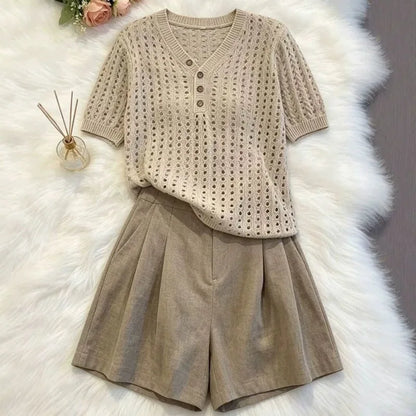Elegant Casual 2 Piece Set 2026 Women Crochet Knit V Neck Button Short Sleeve Top High Waist Tailored Shorts Daily Summer Outfit