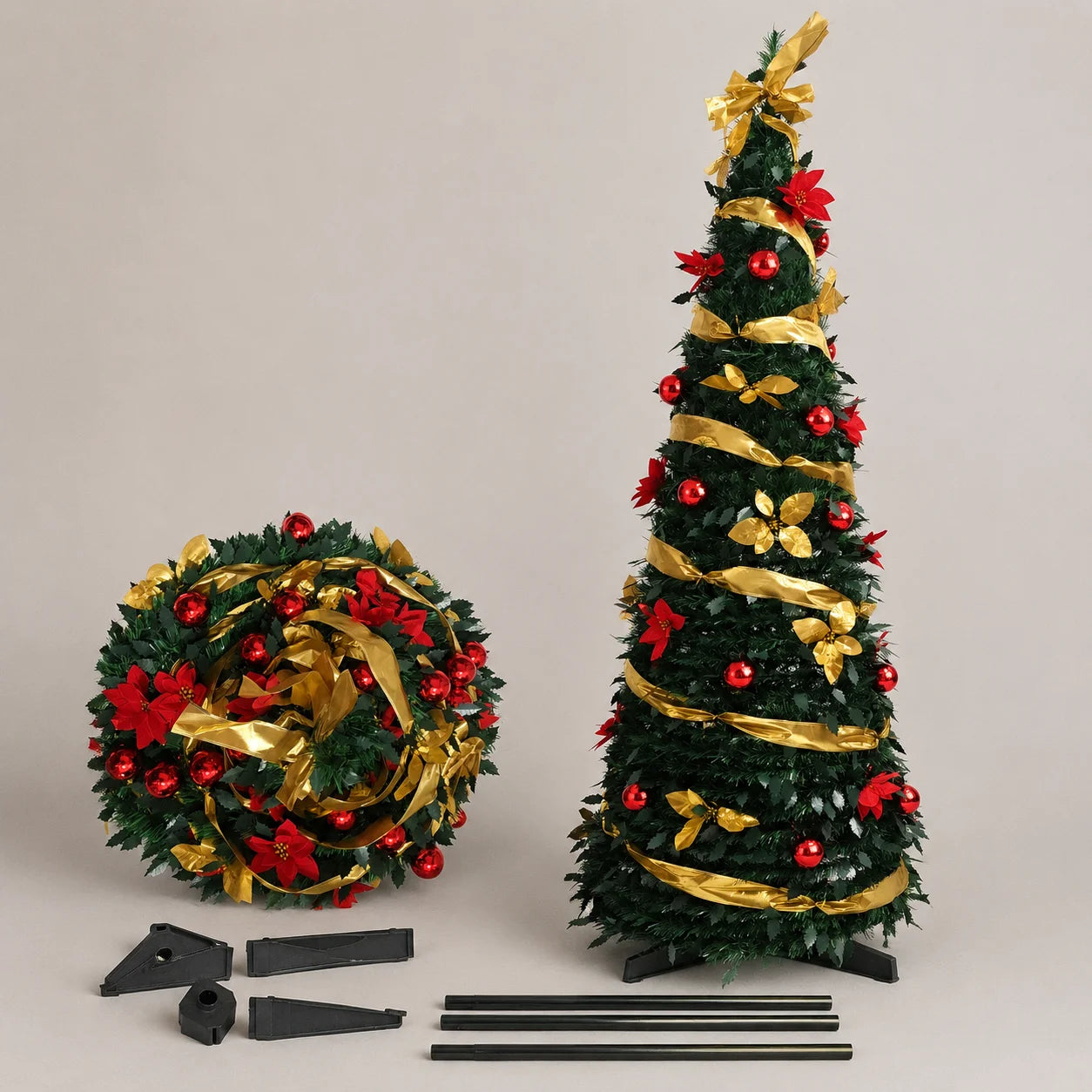 Green PVC Christmas Tree 1.5/1.8/2.1M Pre-Decorated Bow Topper Flowers,Foldable Xmas Tree Optional USB Lights Holiday Home Decor
