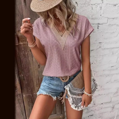 Elegant Women's Top Short Sleeved Tshirt Summer V-neck Lace Casual Solid Color Bat Sleeve T-shirt Y2k  Women's T-shirts Футболки