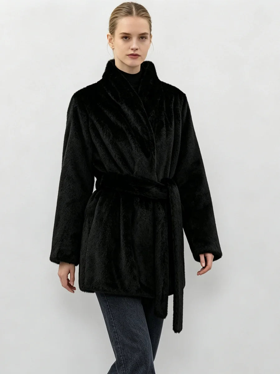 LIMO Women  Faux Mink Fur Coat Wrap Belted Waist Stand Collar Long Sleeve Loose Warm Winter Elegant Ladies  Plush Outerwear