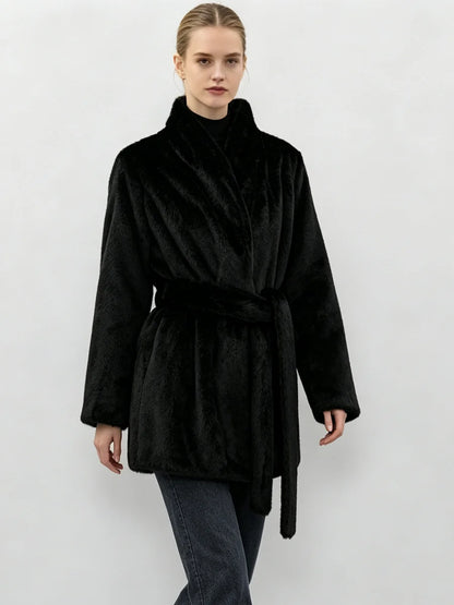 LIMO Women  Faux Mink Fur Coat Wrap Belted Waist Stand Collar Long Sleeve Loose Warm Winter Elegant Ladies  Plush Outerwear
