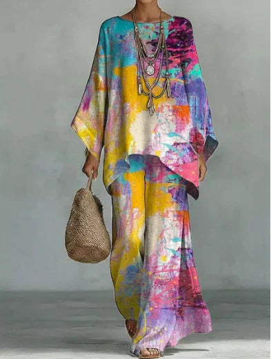 Boho Two Piece Set Summer Women's Loose Patchwork Wide Leg Pants Set Fashion O Neck Pullover Top 2-piece Set Outfit Streetwear
