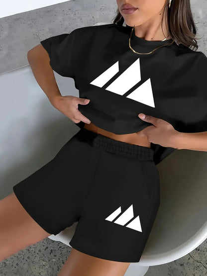 Summer popular fashion sporty casual printed round-neck short-sleeved t-shirt top and shorts women's two-piece set