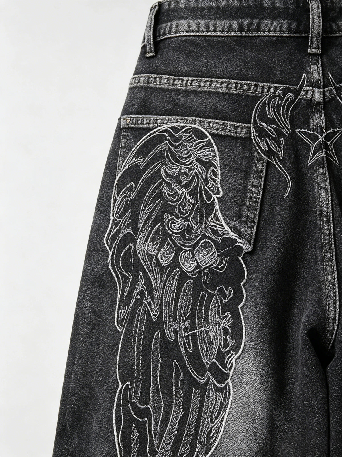 1 Pc American Retro Creative Wing Embroidered Women's High-Waisted Jeans, Fashionable And Versatile Slimming Wide-Leg Trousers