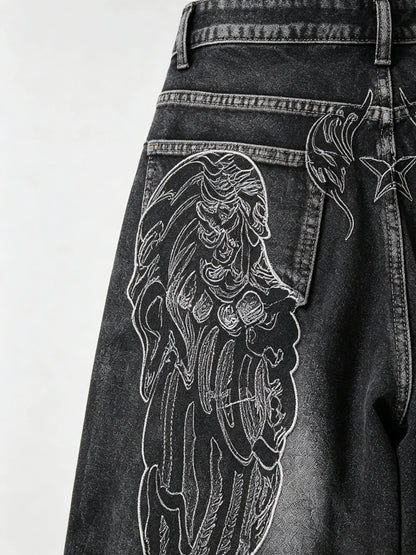 1 Pc American Retro Creative Wing Embroidered Women's High-Waisted Jeans, Fashionable And Versatile Slimming Wide-Leg Trousers