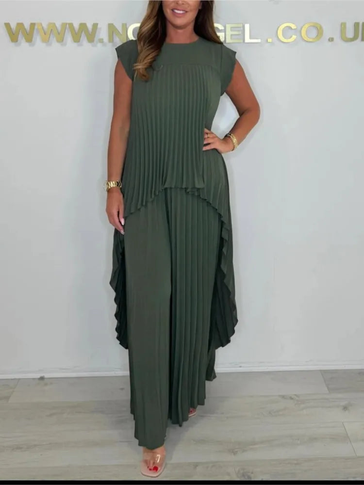 Summer Solid Casual Holiday Two Piece Sets Elegant Women Pleated Irregular O Neck Sleeveless Top + Wide-leg Pants Loose Outfits