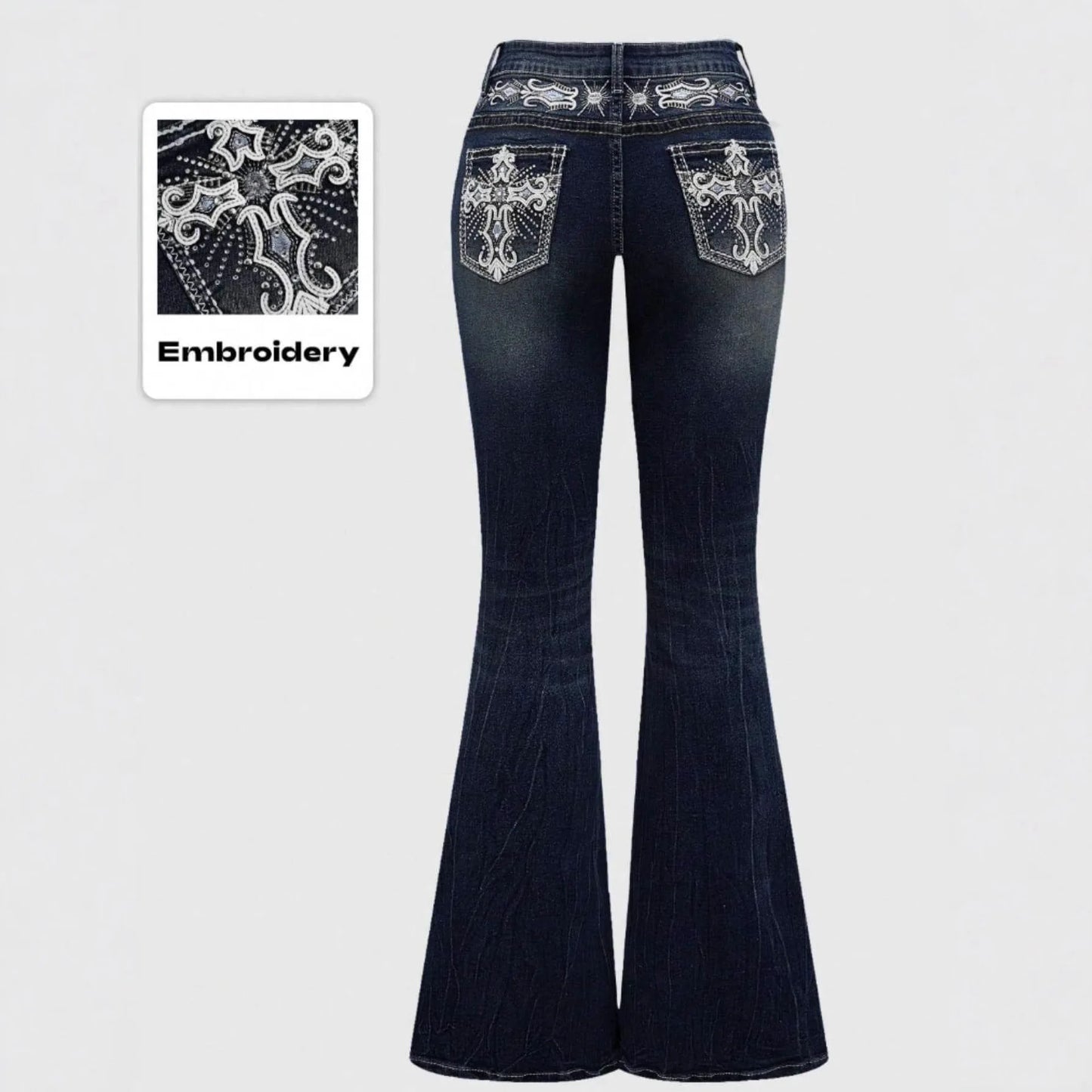 Jeans Flare Pants Women Vintage Boot Cut Embroidery Pockets Rhinestone Washed Female Distressed Denims Trousers Streetwear