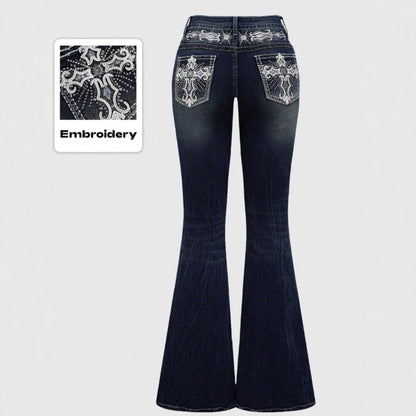Jeans Flare Pants Women Vintage Boot Cut Embroidery Pockets Rhinestone Washed Female Distressed Denims Trousers Streetwear