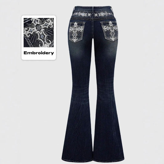 Jeans Flare Pants Women Vintage Boot Cut Embroidery Pockets Rhinestone Washed Female Distressed Denims Trousers Streetwear