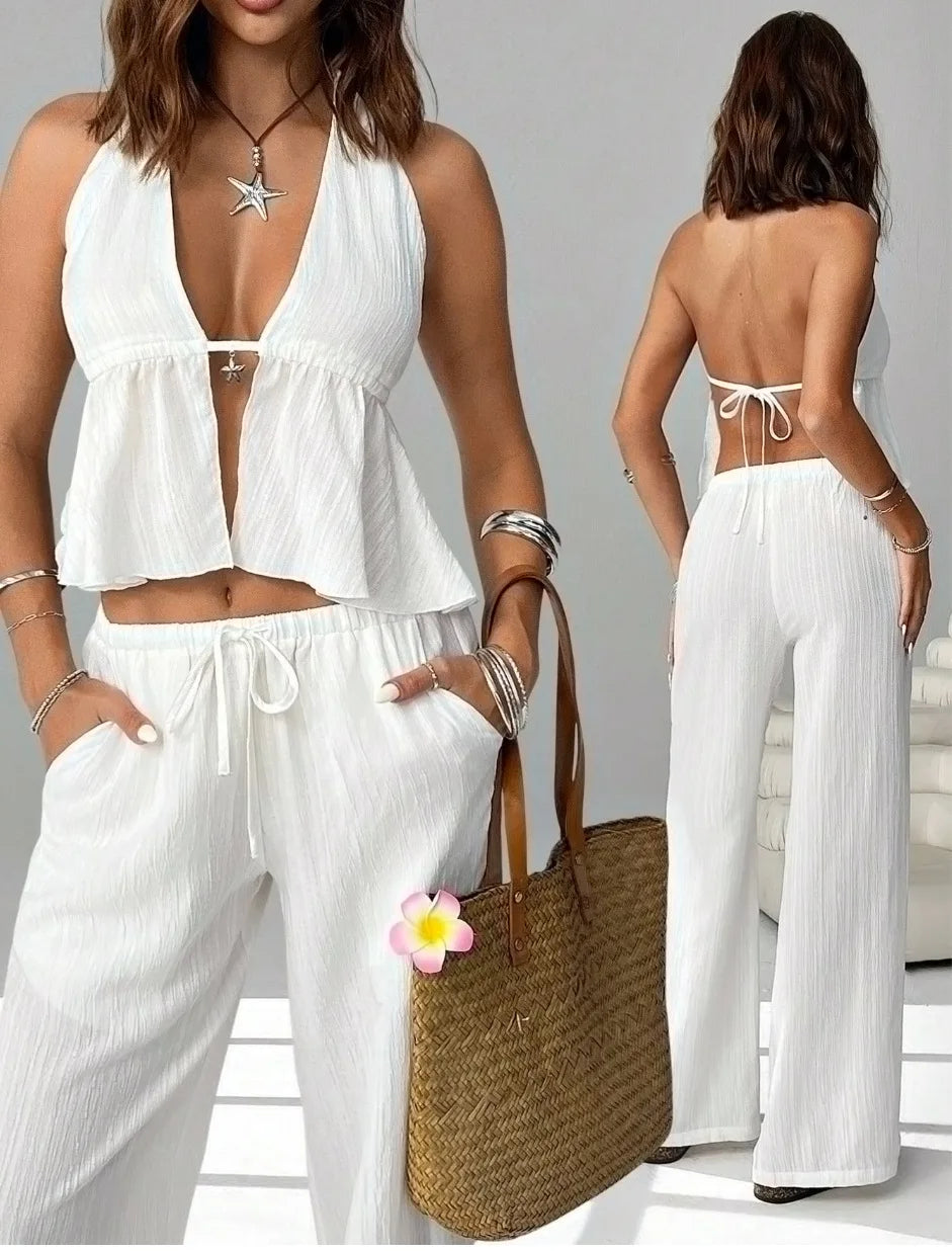 Fashion White Woman 2 Piece Set Outfit Spring And Summer Women's Halter Neck Strap Sexy Backless Sleeveless Vest Slim Suit