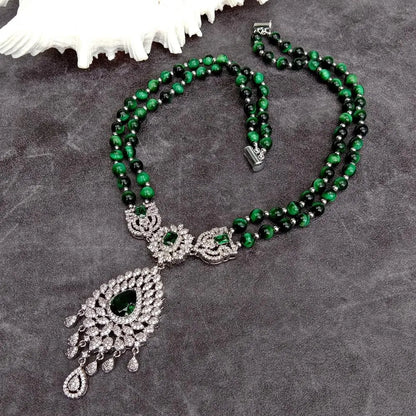 Y·YING 2 Strands Green Tiger Eye Cz Pave Pendant Necklace Gemstone Necklaces Jewelry Women