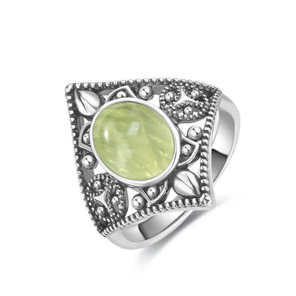 925 Sterling Silver Ring With Natural Prehnite Stone 8*10mm Oval Shape With Crystal Flower Design Gifts Fine Jewelry For Women