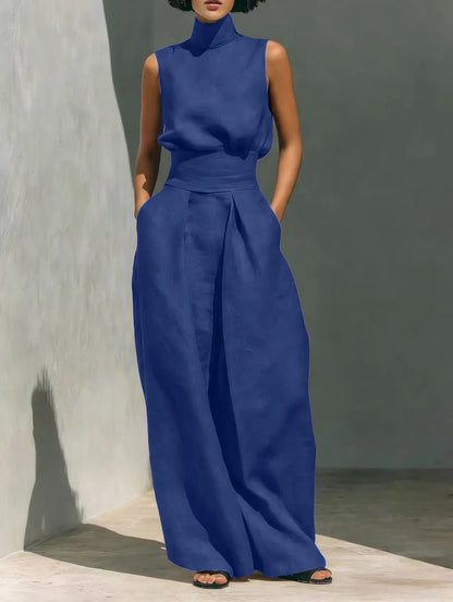 casual Solid Cotton Linen two-piece set for Women Sleeveless Turtleneck Top +High Waist Pants Set New Summer Button Loose Outfit