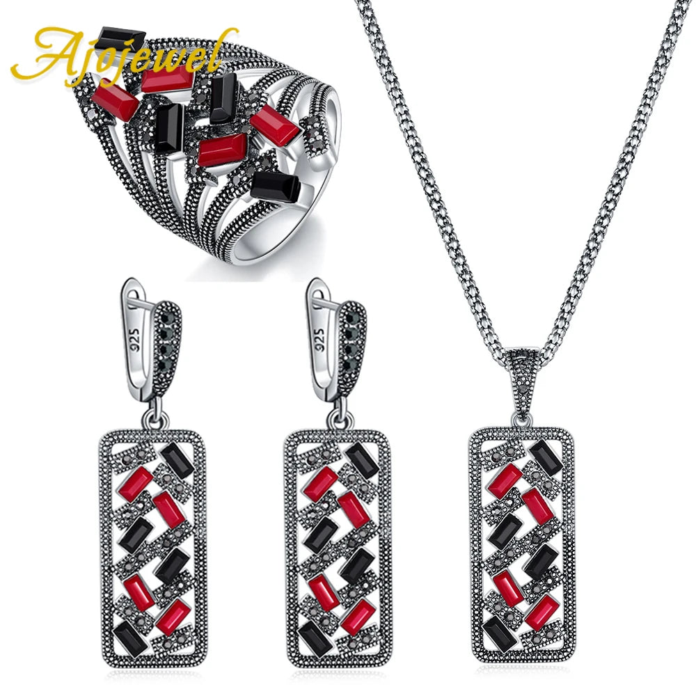 Ajojewel Black/Red Green Bohemian Jewelry Set For Women Colorful Zircon Crystal Geometric Ring Earrings Necklace & Pendant