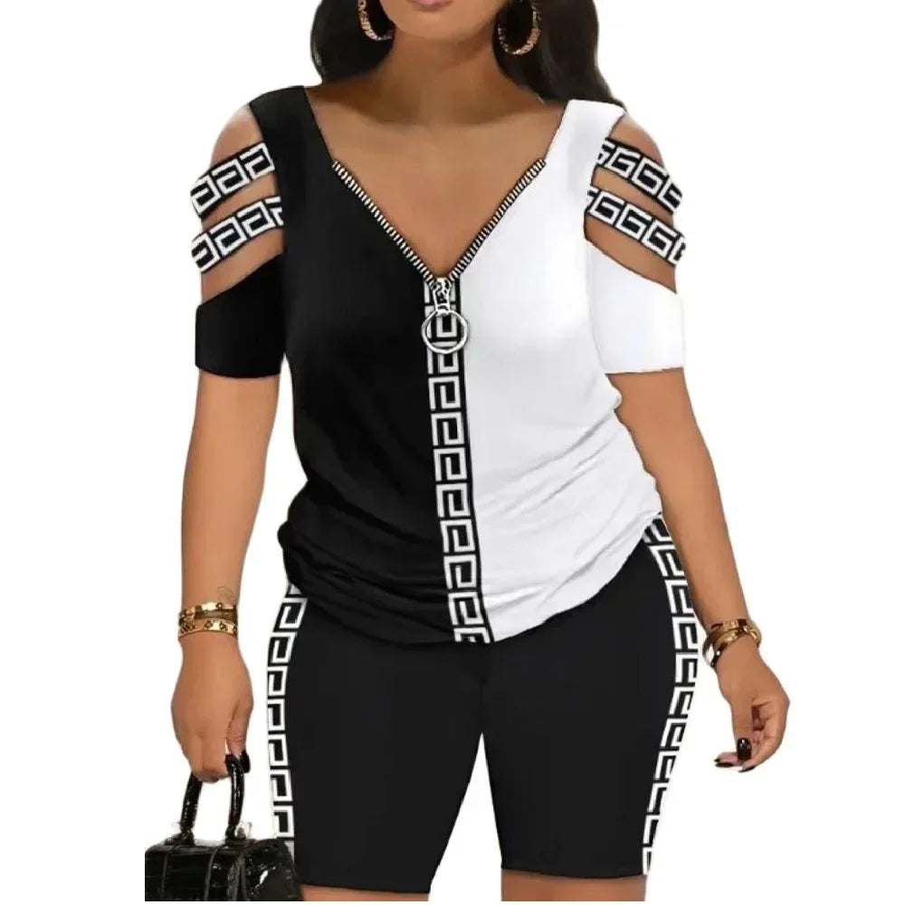 Cold Shoulder T Shirt Shorts Set Women 2 Piece Set Zipper V Neck Womens Short Pants Set Casual Femme Top Set Summer Suit