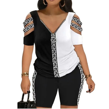 Cold Shoulder T Shirt Shorts Set Women 2 Piece Set Zipper V Neck Womens Short Pants Set Casual Femme Top Set Summer Suit