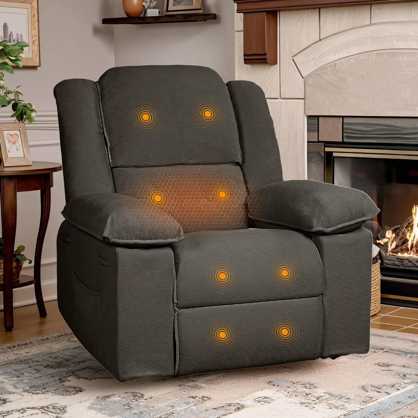 Massage Heat Rocker Recliner Chair, 360° Swivel Glider, Manual w/USB & Side Pocket, Compact Living Room Apartment, Brown, Custom