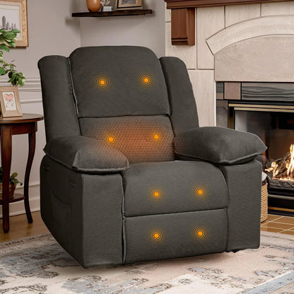 Massage Heat Rocker Recliner Chair, 360° Swivel Glider, Manual w/USB & Side Pocket, Compact Living Room Apartment, Brown, Custom