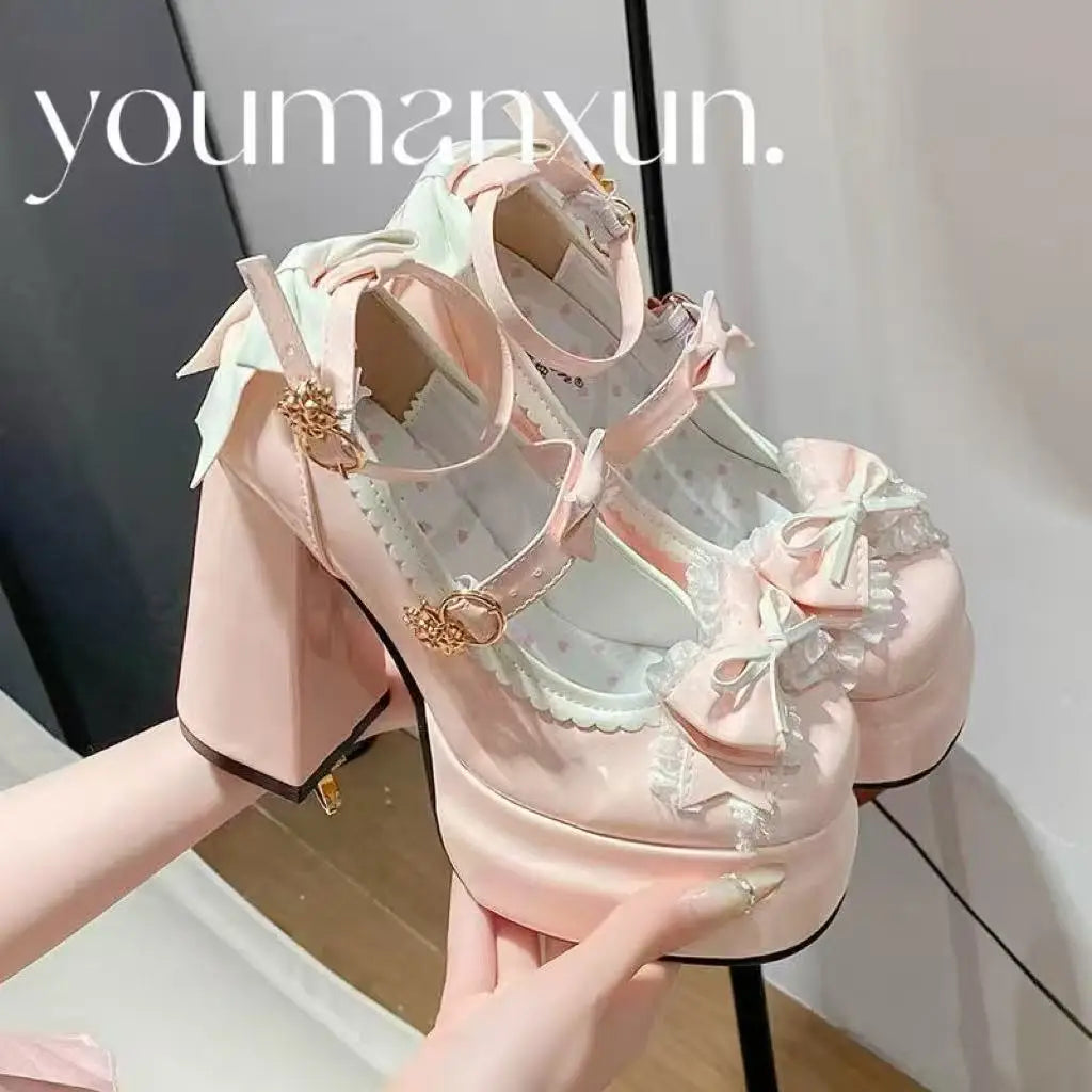 Lovely Girls Pink Lolita Butterfly Knot High Heels Platform Shoes for Women Cute Sakura Dress Mary Janes Beige Size 34-42