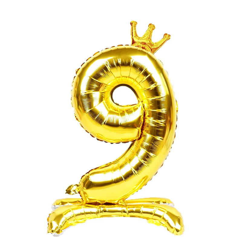32 Inch Gold Number Stand Foil Balloons with Crown Digital Figures Globos 0-9 Birthday Party Wedding Decoration Kids Baby Shower