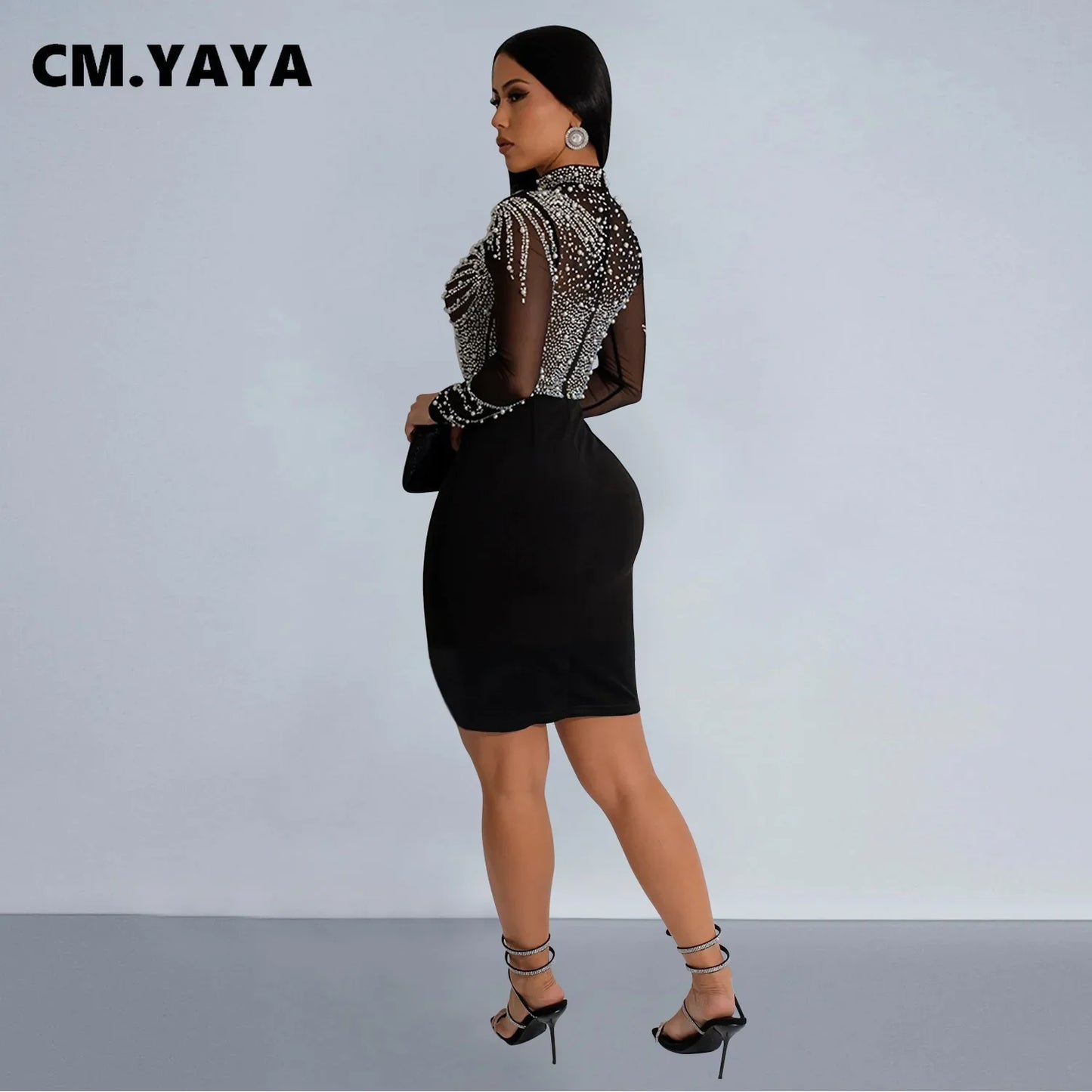 CM.YAYA Women Long Sleeve Mesh Diamonds Hot Rhinestones Mini Dress 2024 Summer Evenning Sexy Party Night Club Dresses Vestidos