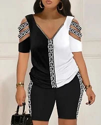 Cold Shoulder T Shirt Shorts Set Women 2 Piece Set Zipper V Neck Womens Short Pants Set Casual Femme Top Set Summer Suit