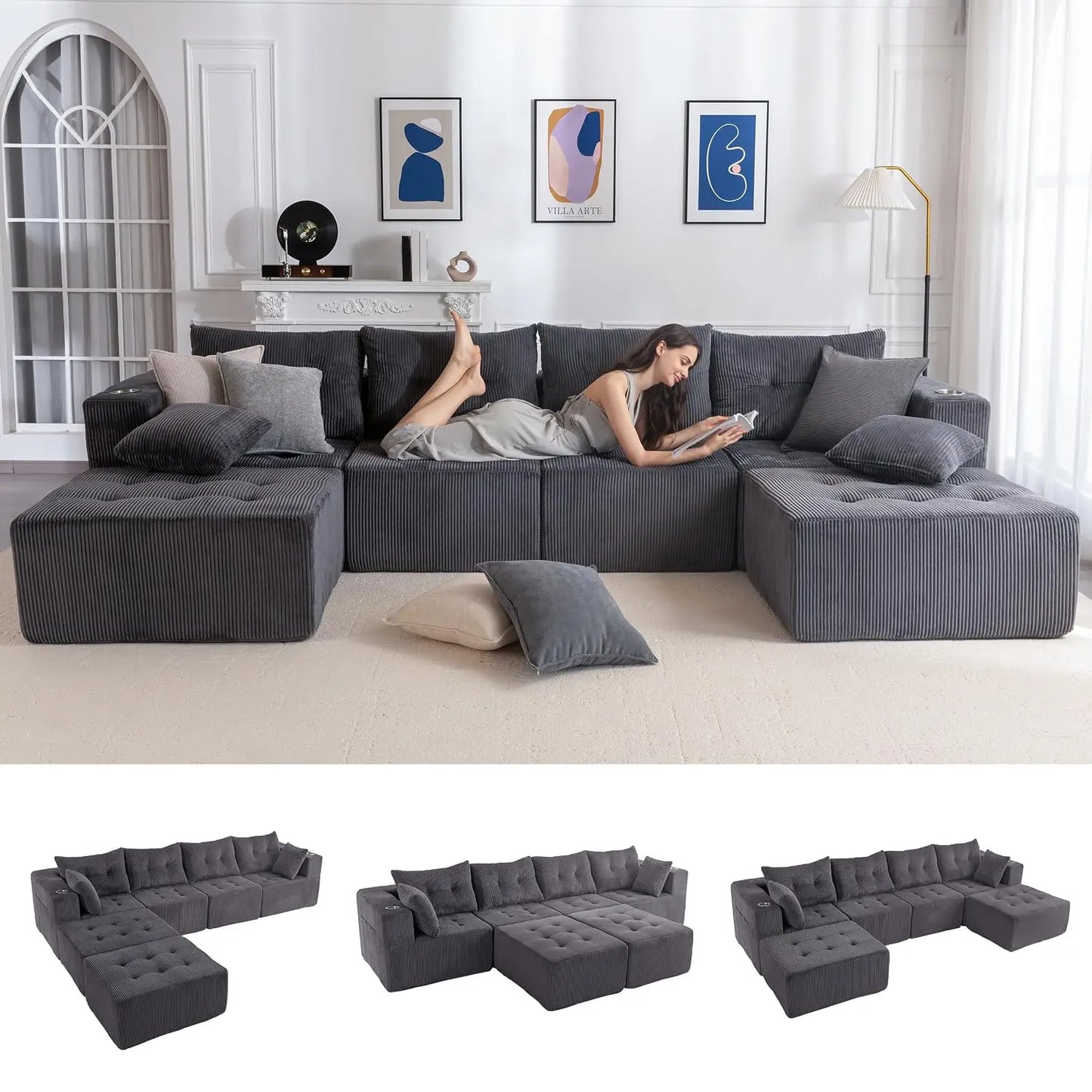 Boneless Couch, 129.5-Inch U-Shaped Cloud Couch, 2 Ottomans | Orange Tufted Modular Sofa in a Box Requires No, Customized