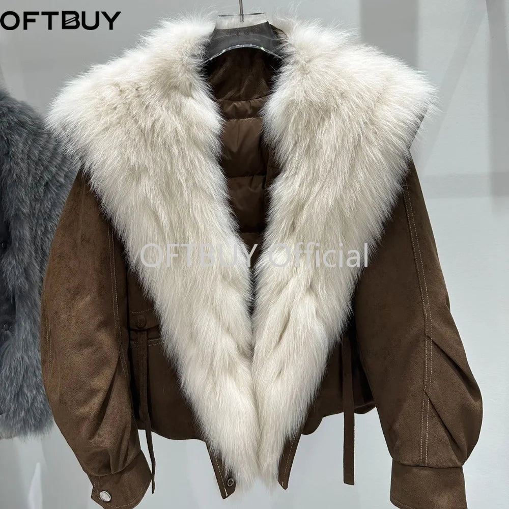 OFTBUY Real Fox Fur Collar Goose Down Jacket Winter Windproof Heavy Padded Coat Women Cropped Puffer Jacket Casual Outerwear