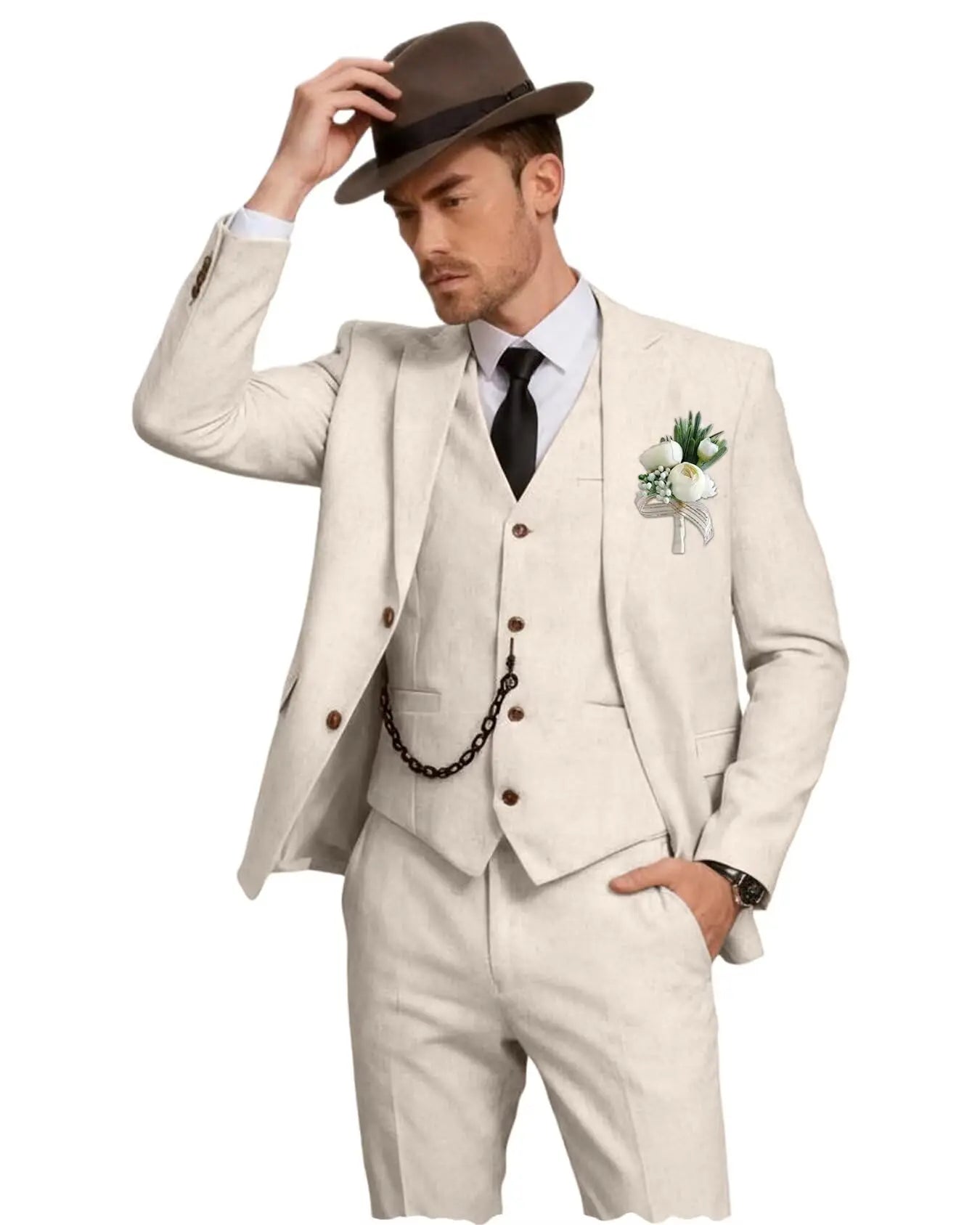 Men's 3 Piece Linen Suit, Slim Fit Notch Lapel Single Breasted Blazer Vest Pants Set Breathable Casual Business Wedding Suit