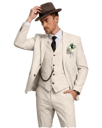 Men's 3 Piece Linen Suit, Slim Fit Notch Lapel Single Breasted Blazer Vest Pants Set Breathable Casual Business Wedding Suit