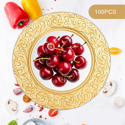 100-Pack Gold Charger Plates – Pp – 13" Embossed Rim – Spray Painted – Stackable – Elegant Wedding Banquet Party Table Decor