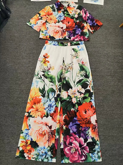 Spring and Summer New Women's Printed Pants Lapel Short Sleeve Waist Short Shirt + High Waist Wide Leg Pants Elegant Two-Piece S