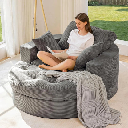 Oversized Round Chaise Lounge Sofa, Boneless Chair with Ottoman | Beige Upholstered Reading Chair Has a Deep Seat and 3, Custom