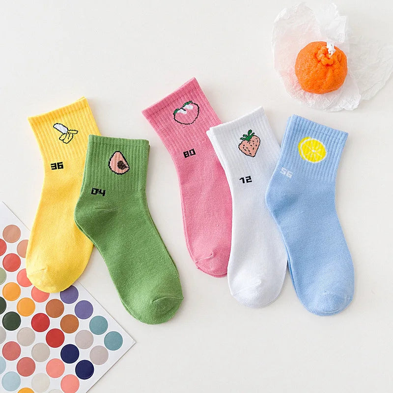 5 Pairs Women Fruit Print Socks Set Cute Casual Korean Fashion Kawaii Japanese Style Pumpkin Strawberry Banana Peach Avocado Sox