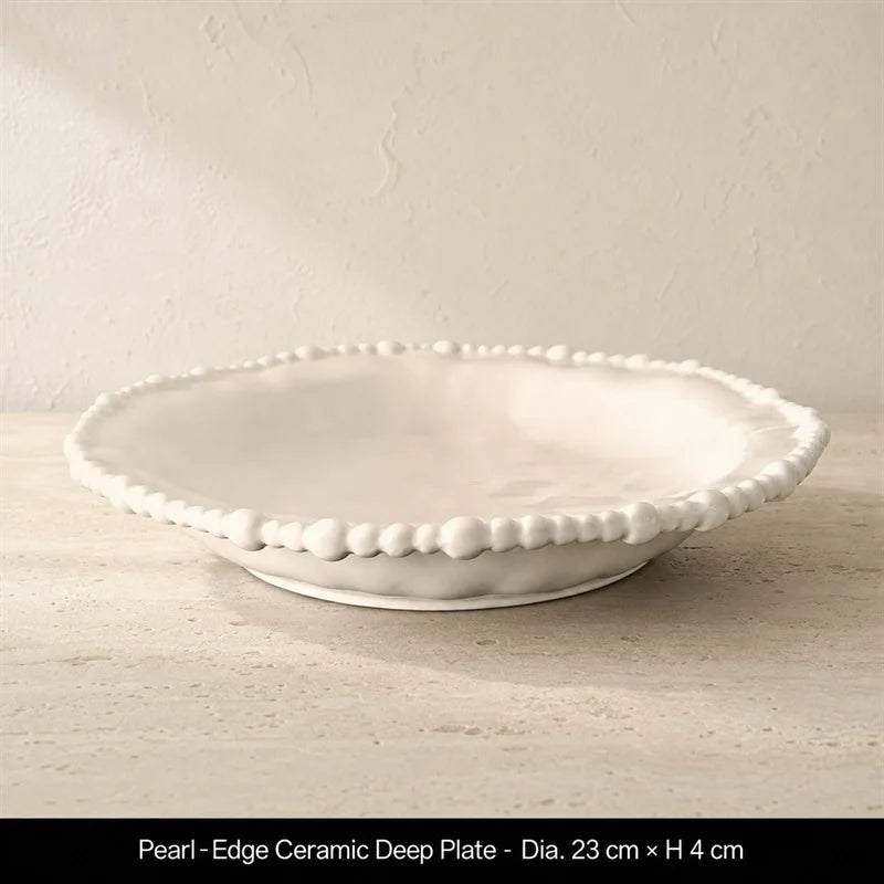 Color Value White French Pearl Edge Ceramic Dinnerware Set Elegant Steak Plate Bowl for Home Kitchen Dining