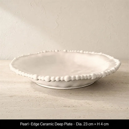 Color Value White French Pearl Edge Ceramic Dinnerware Set Elegant Steak Plate Bowl for Home Kitchen Dining