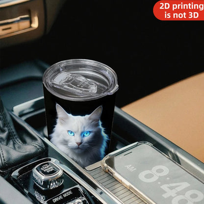 20oz Majestic White Cat Printed Stainless Steel Tumbler with Lid and Straw, Glowing Blue Eyes Fluffy Kitten Dark Portrait Pet Lovers Vacuum Insulated Travel Coffee Mug Gifts