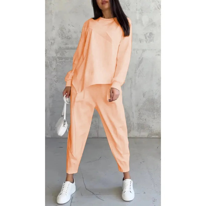 Autumn Winter Solid Color Casual Loose Irregular Long Sleeve Hoodie Women's Suit Fashion Simple Harun Pants Female 2 Piece Set