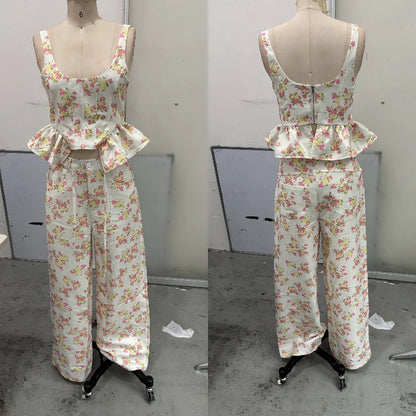 Urban Print Top Pants Women Set Sling Backless Slash Neck Blouse Wide Leg Trousers 2026 Spring Summer Holidays Lady Outfit