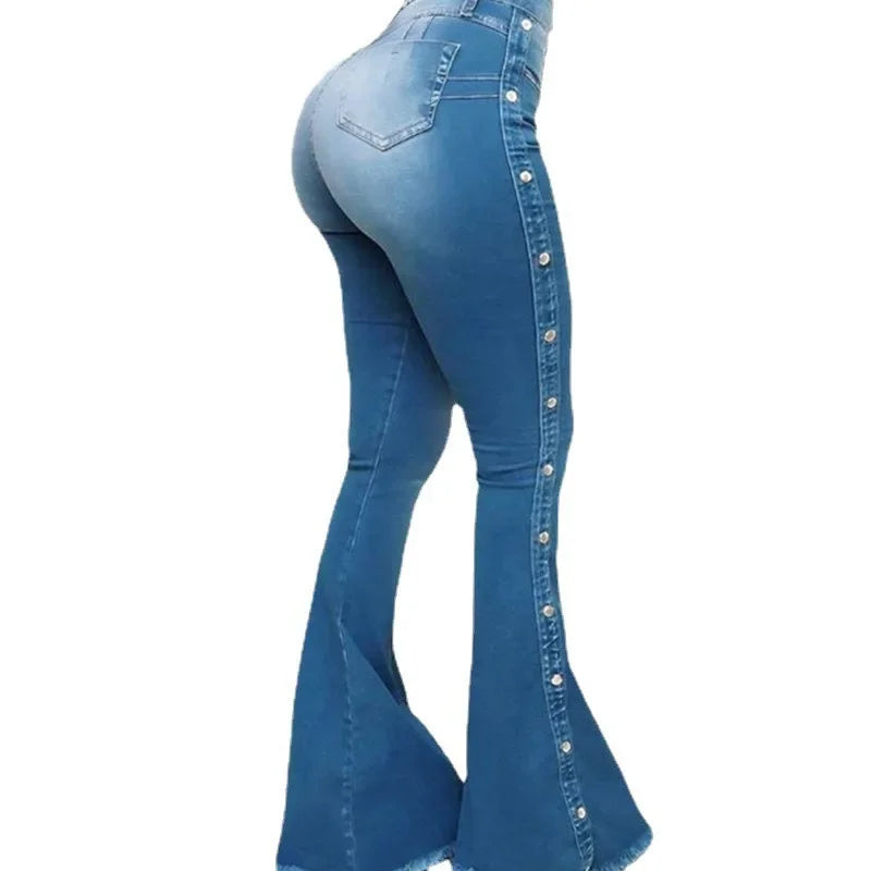 High-Waist Flare Denim Jeans | Distressed Vintage Stretch Trousers | Women's Floor-Length Streetwear Pants