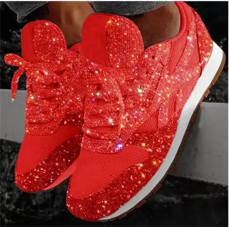 2025 New Women Flat Sneakers Casual Bling Vulcanized Shoes Women Mesh Lace Up Platform Plus Size Fashion Outdoor Woman Shoes