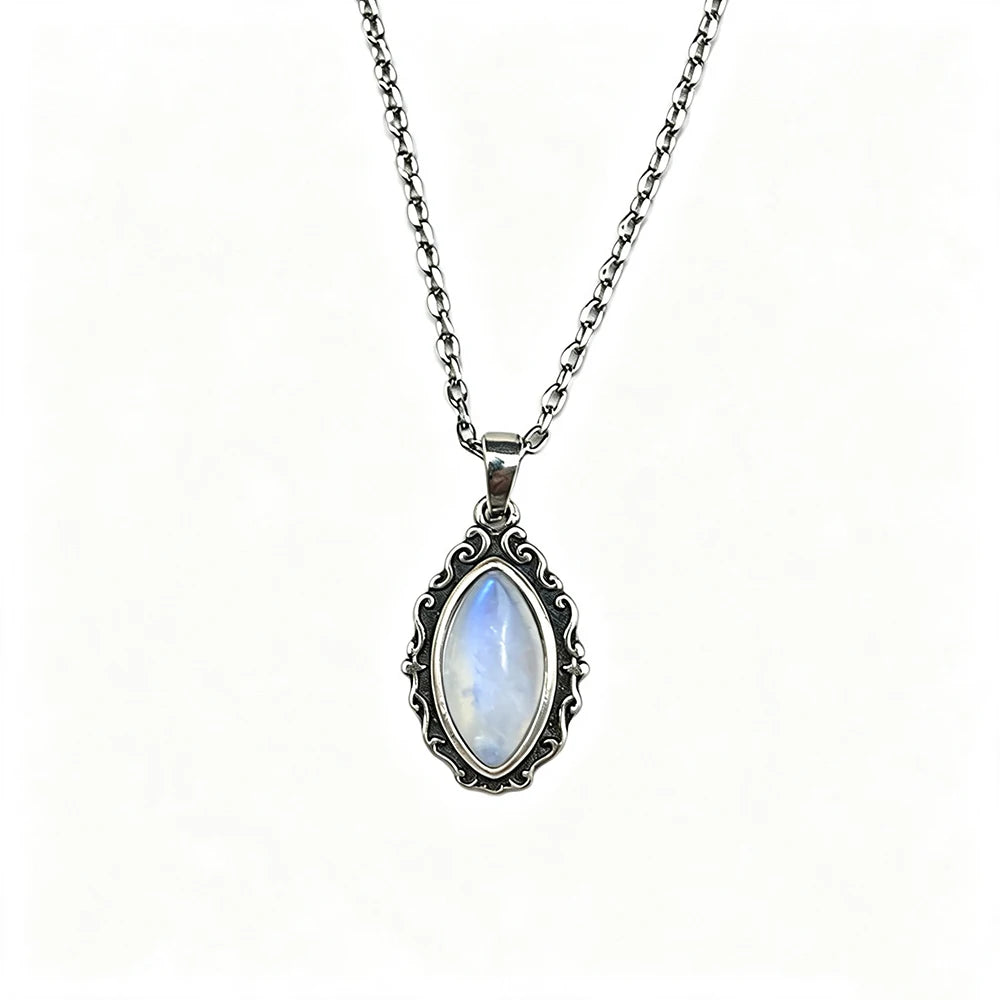 Vintage 925 Sterling Silver Necklaces with Natural Moonstone 12*6MM Simple Pendant Necklaces Party Fine Jewelry For Women Men
